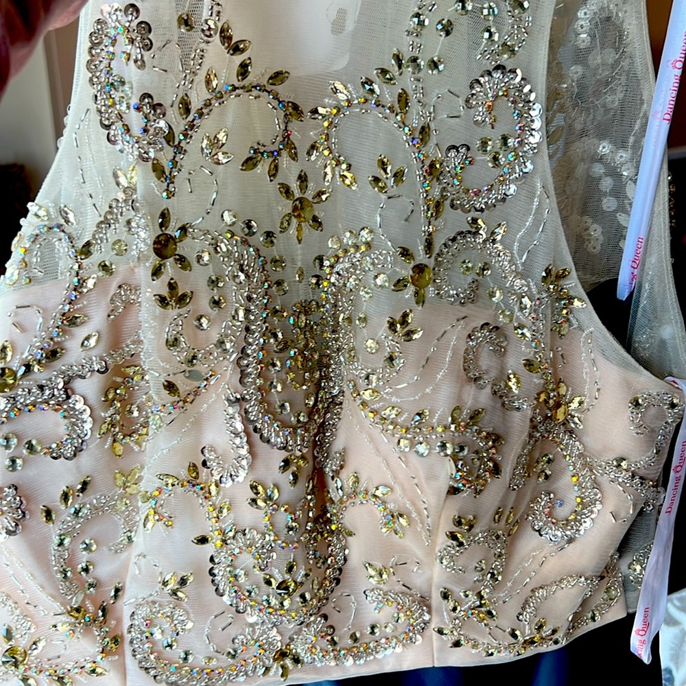 Beautiful dress long navy satin skirt top embroidered sequin